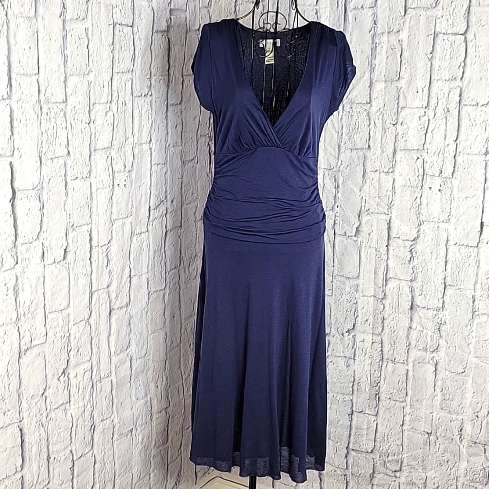 Jigsaw Navy Blue Ruched Surplice V-Neck Dress Size Medium
